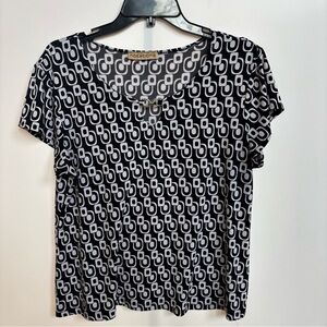 Notations Women's Black White Cap Sleeve Blouse, XL